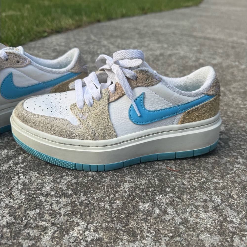 White and Blue Sneakers with Tan Accents
